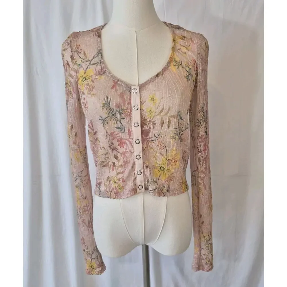 Free People Women's Pink Angelina Floral Print Crop Top Shirt XS